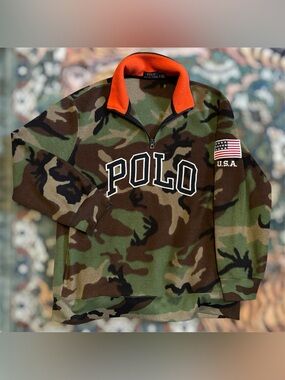 Polo Ralph Lauren Camo 1/4 Zip Fleece Pullover USA Flag Patch Logo Mens Green L